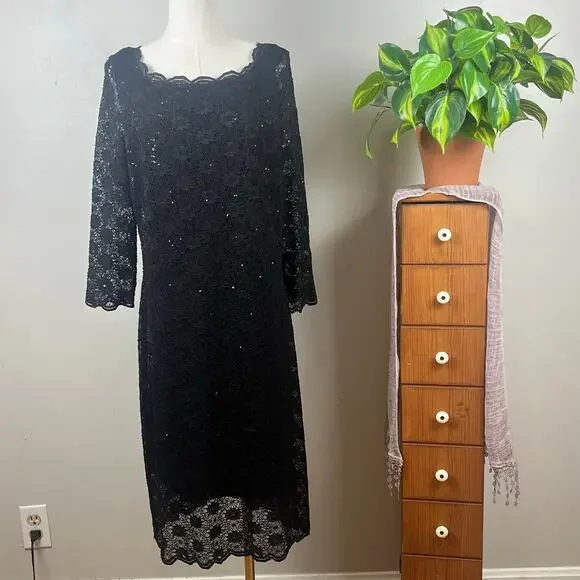 Onyx Nite Black Sequin V Neck Knee Length Dress Size 16 - Picture 2 of 9
